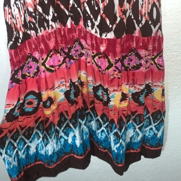 Bohemian Colorful V-Neck Mini Dress Crochet Lace Back Faux Buttons Boho Print - Picture 6 of 12